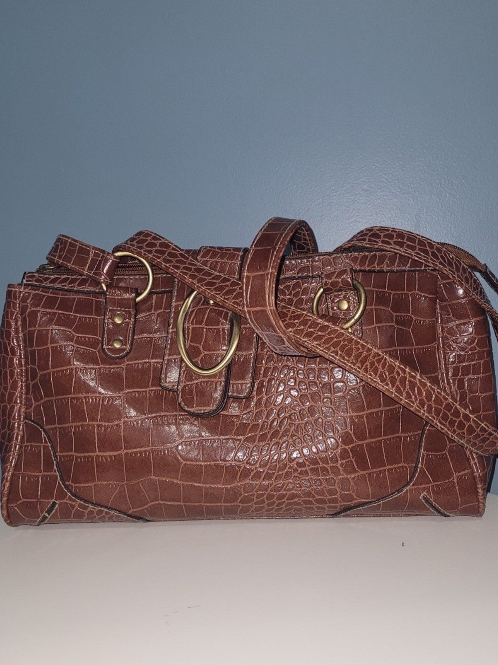 Croc-Embossed Brown Leather Shoulder Bag with Gold Ring Detail